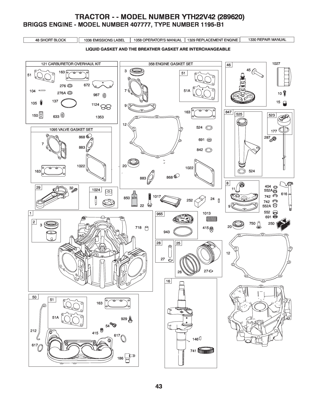 Husqvarna owner manual BRIGGS ENGINE - MODEL NUMBER 407777, TYPE NUMBER 1195-B1, TRACTOR - - MODEL NUMBER YTH22V42 