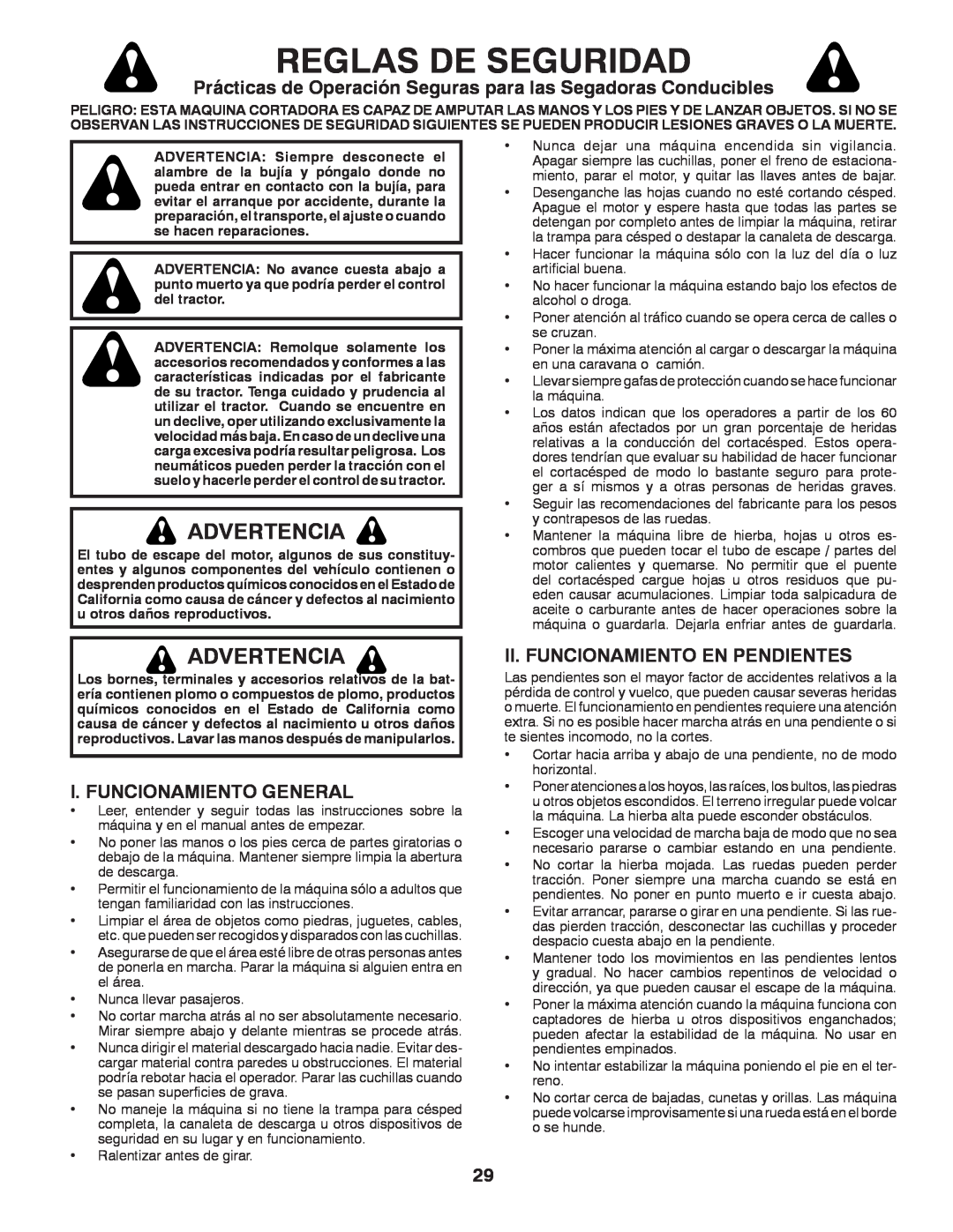 Husqvarna YTH22V42 warranty Reglas De Seguridad, Advertencia, Prácticas de Operación Seguras para las Segadoras Conducibles 