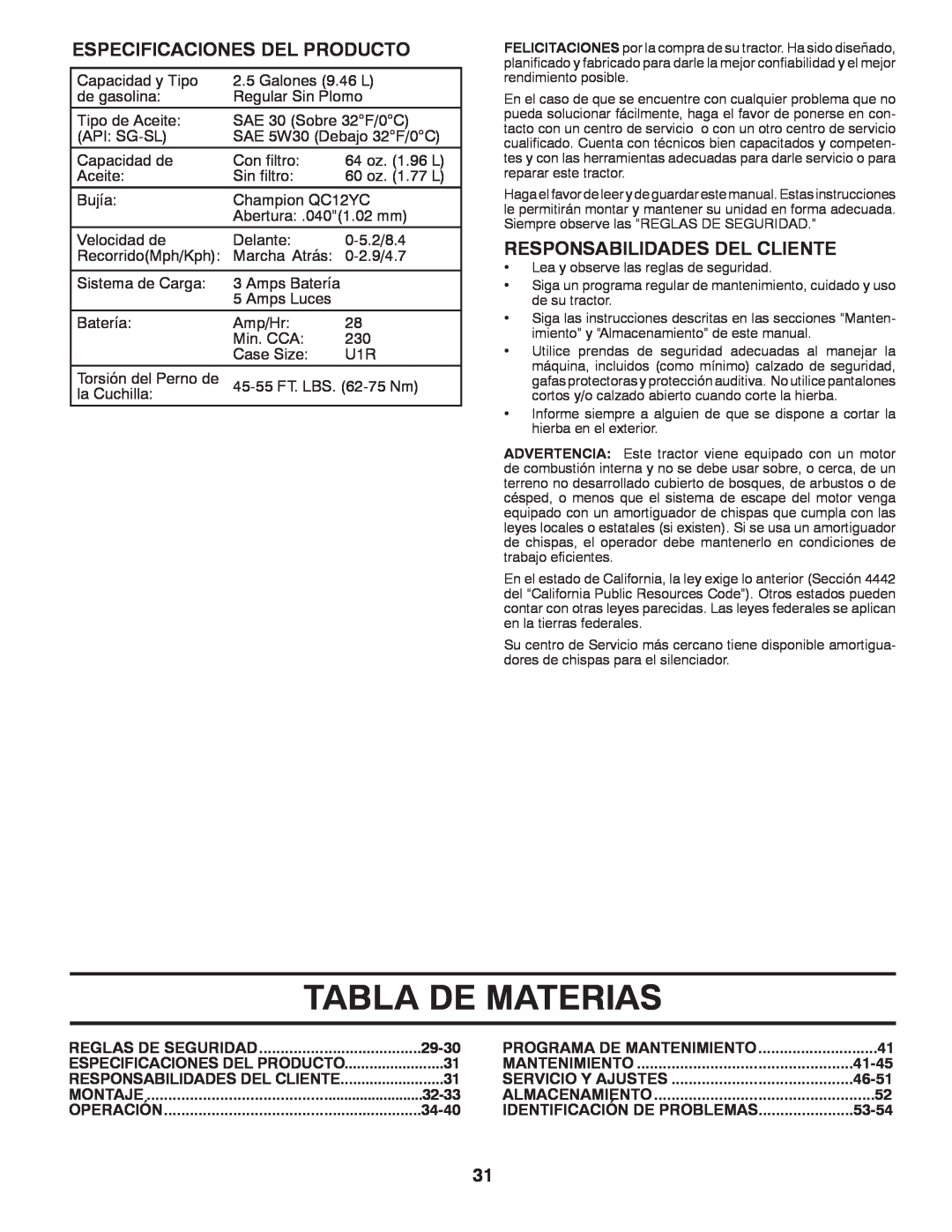 Husqvarna YTH22V42 warranty Tabla De Materias, Especificaciones Del Producto, Responsabilidades Del Cliente 