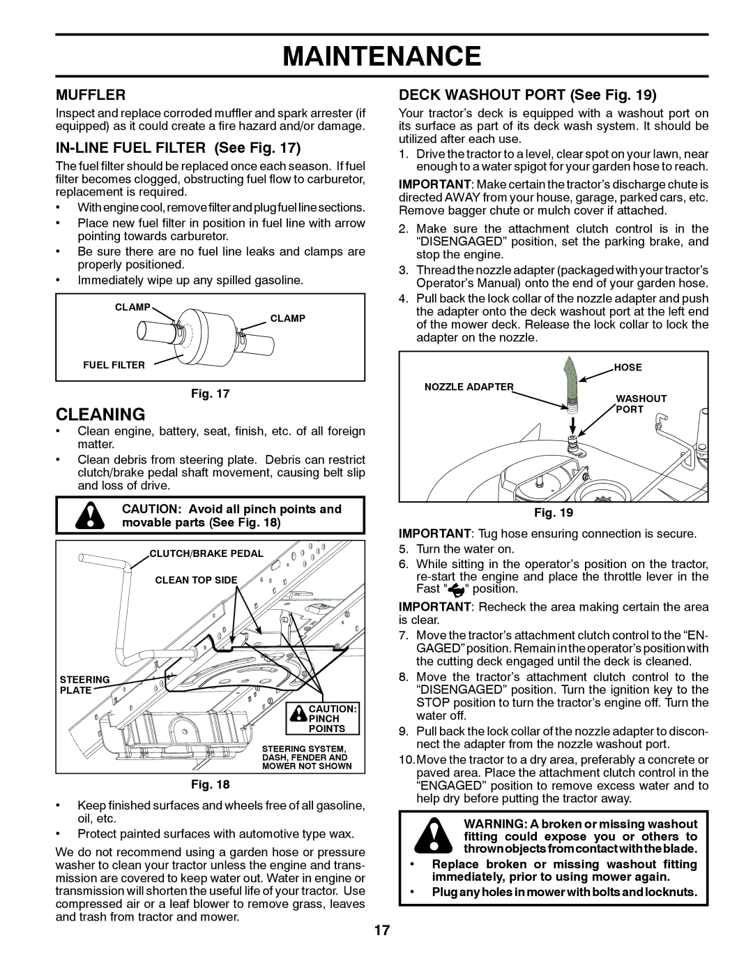 Husqvarna YTH22V46 owner manual Cleaning, Muffler, IN-LINE Fuel Filter See Fig, Deck Washout Port See Fig 