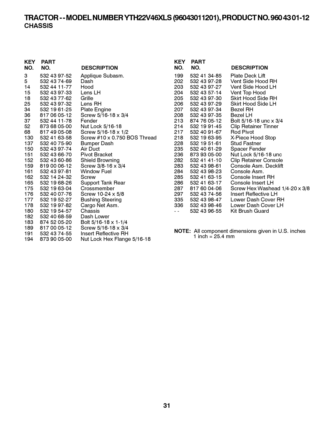 Husqvarna YTH22V46XLS owner manual Chassis 