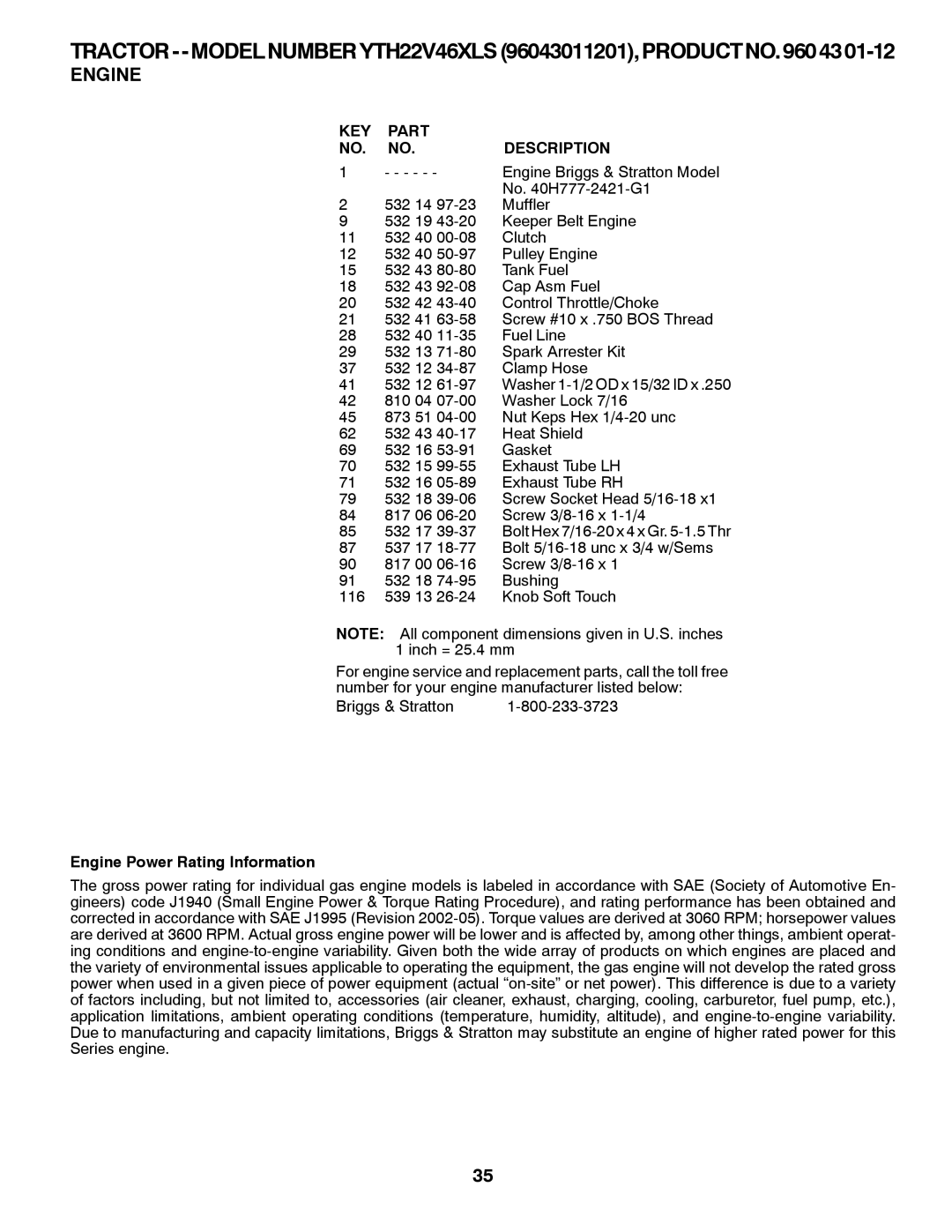 Husqvarna YTH22V46XLS owner manual Engine Power Rating Information 