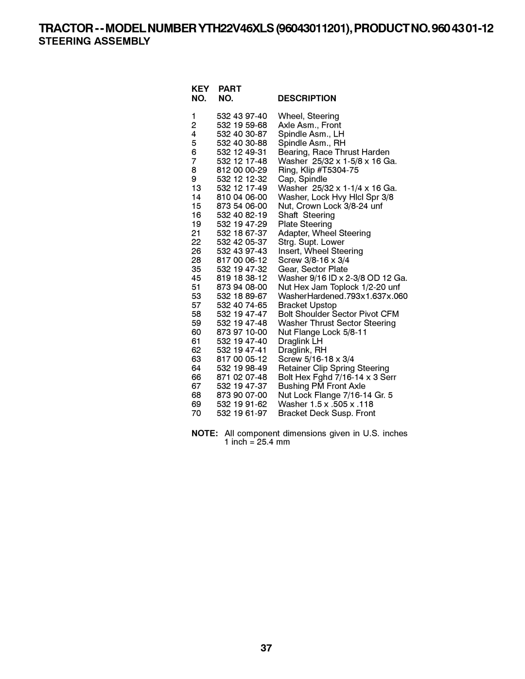 Husqvarna YTH22V46XLS owner manual 532 43 Wheel, Steering 532 19 