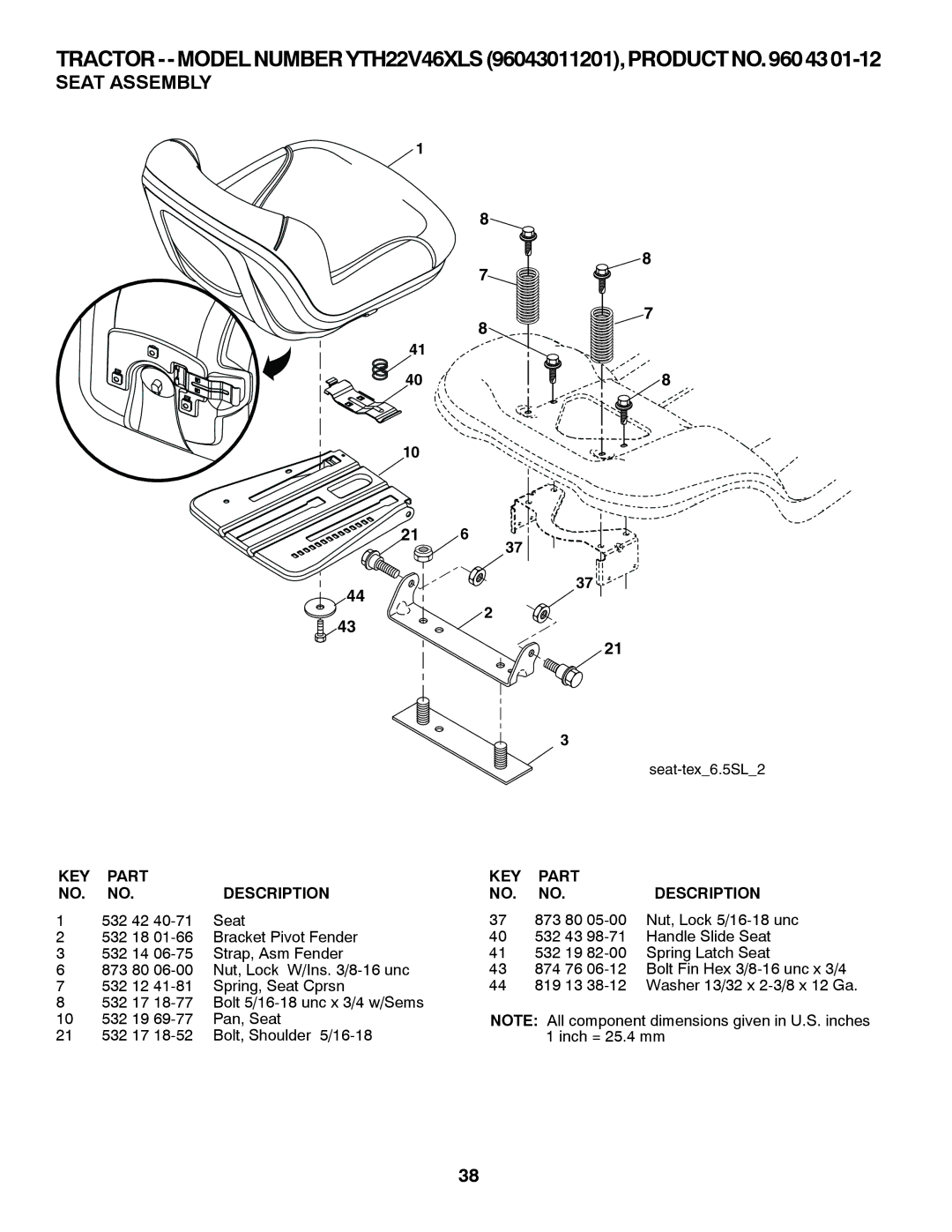 Husqvarna YTH22V46XLS owner manual Seat Assembly, 532 42 Seat 