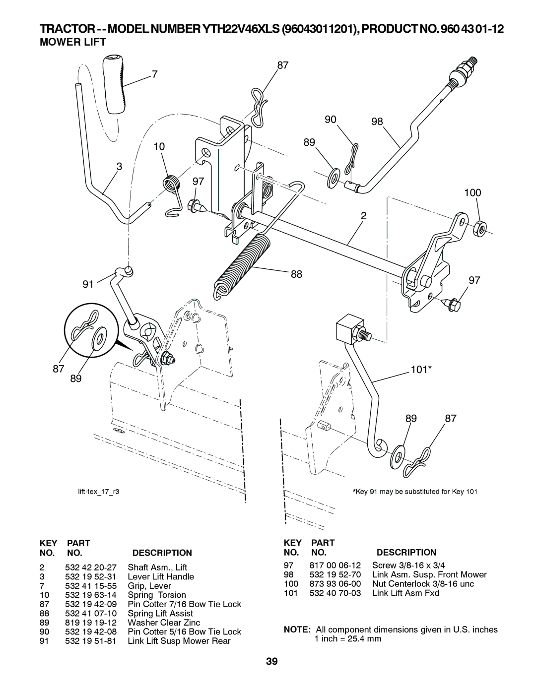 Husqvarna YTH22V46XLS owner manual Mower Lift, 100 101 