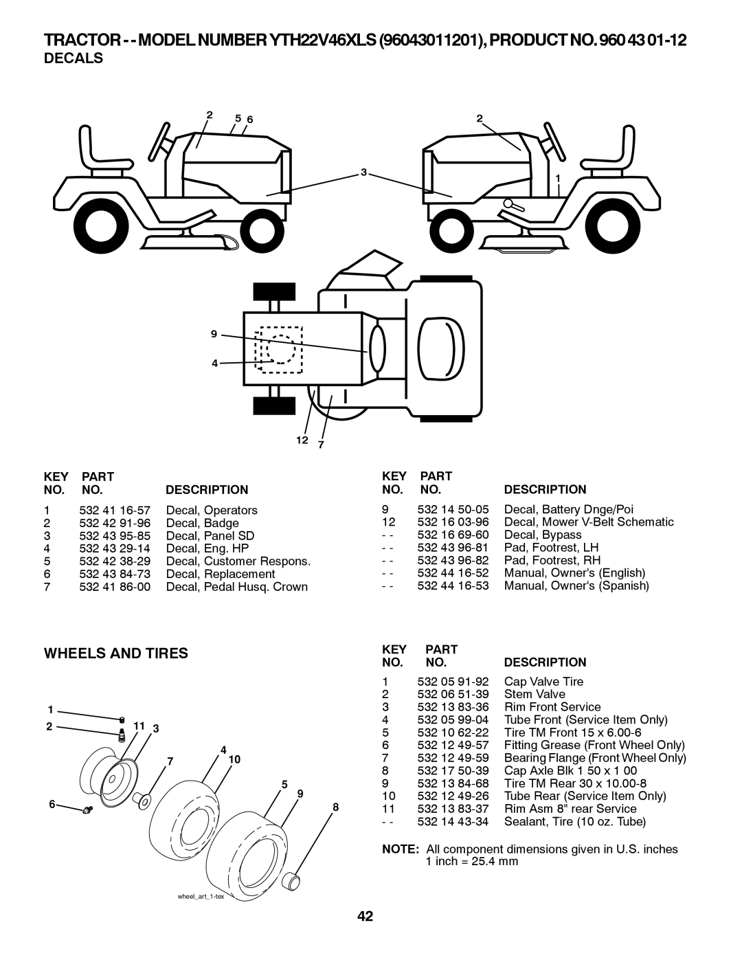 Husqvarna YTH22V46XLS owner manual Decals, Wheels and Tires 