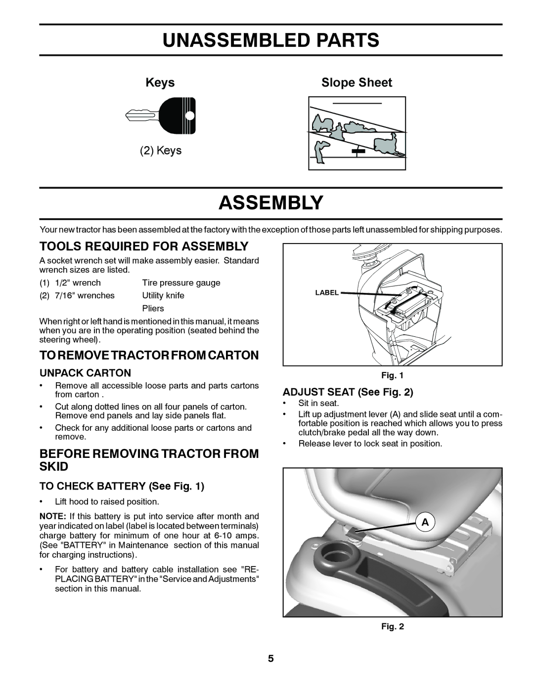 Husqvarna YTH22V46XLS owner manual Unassembled Parts, Tools Required for Assembly, Toremovetractorfromcarton 