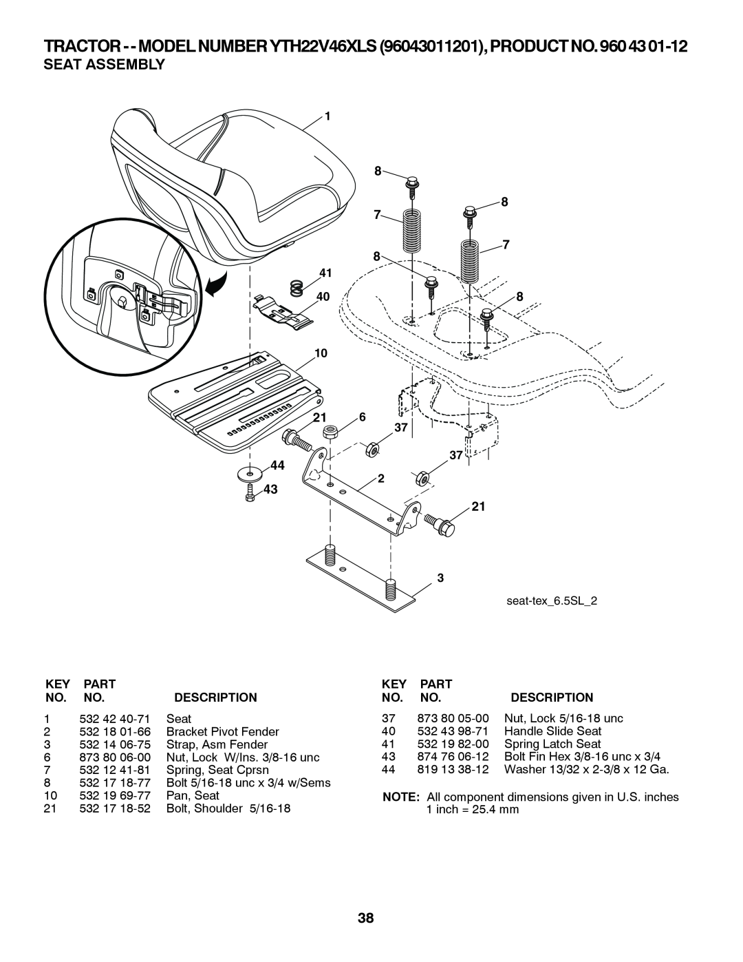 Husqvarna owner manual Seat Assembly, TRACTOR--MODELNUMBERYTH22V46XLS96043011201,PRODUCTNO.9604301-12 