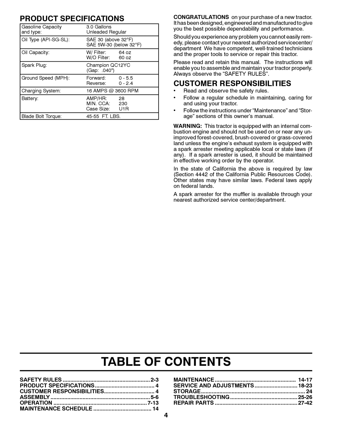Husqvarna YTH22V46XLS owner manual Table Of Contents, Product Specifications, Customer Responsibilities 