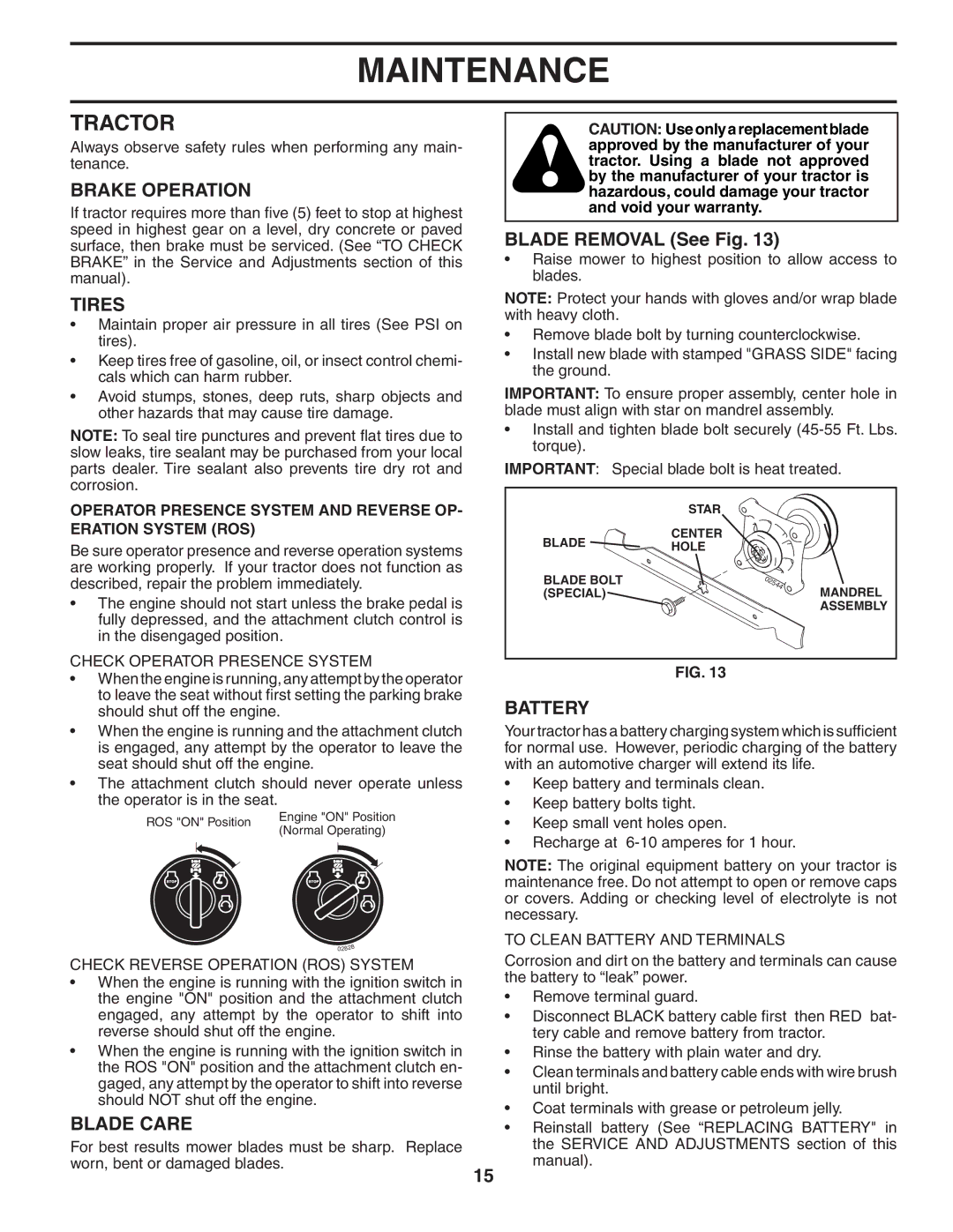 Husqvarna YTH2348 owner manual Tractor, Brake Operation, Tires, Blade Care, Battery 