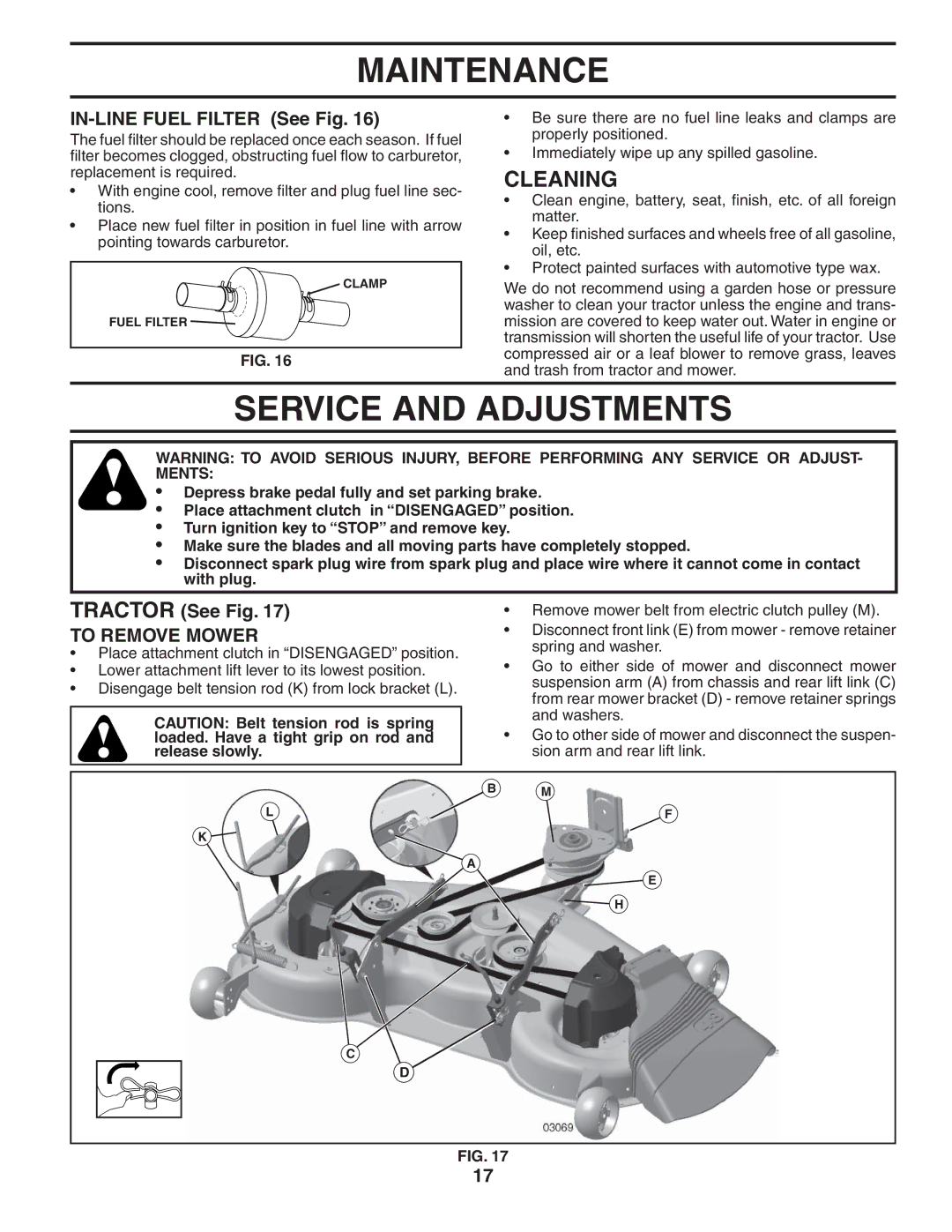 Husqvarna YTH2348 Service and Adjustments, Cleaning, IN-LINE Fuel Filter See Fig, Tractor See Fig, To Remove Mower 