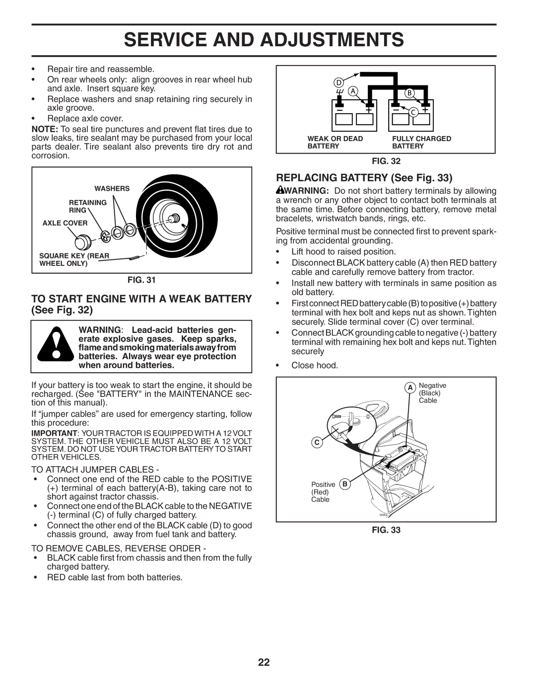 Husqvarna YTH2348 To Start Engine with a Weak Battery See Fig, Replacing Battery See Fig, To Attach Jumper Cables 