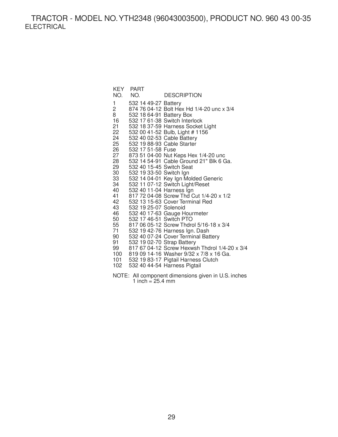 Husqvarna YTH2348 owner manual KEY Part NO. NO. Description 