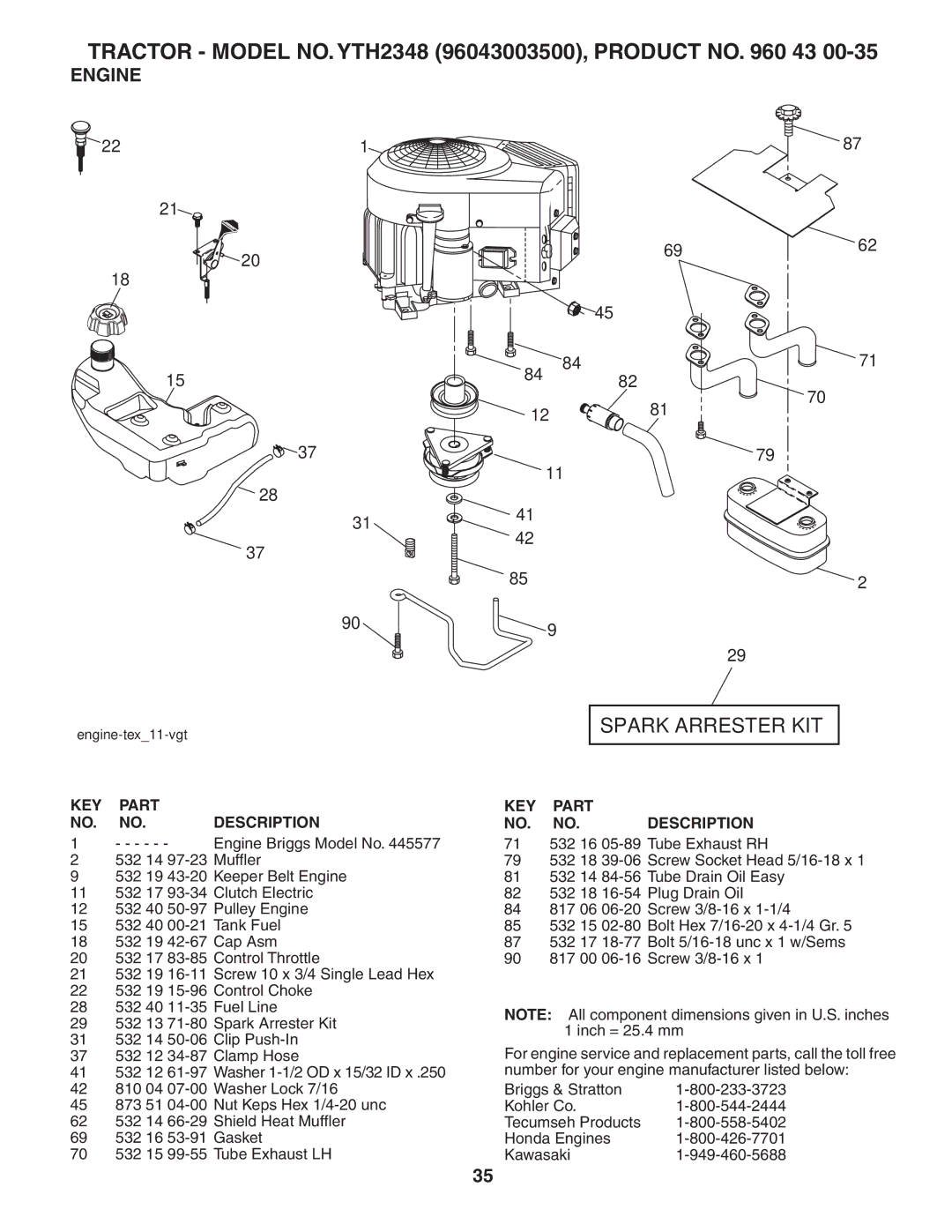 Husqvarna YTH2348 owner manual Spark Arrester KIT, Engine 