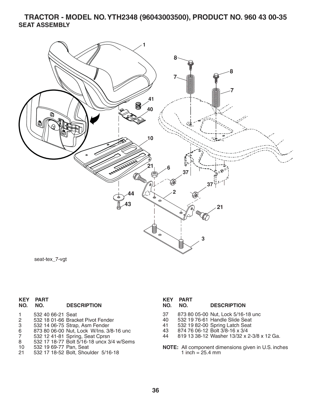 Husqvarna YTH2348 owner manual Seat Assembly 