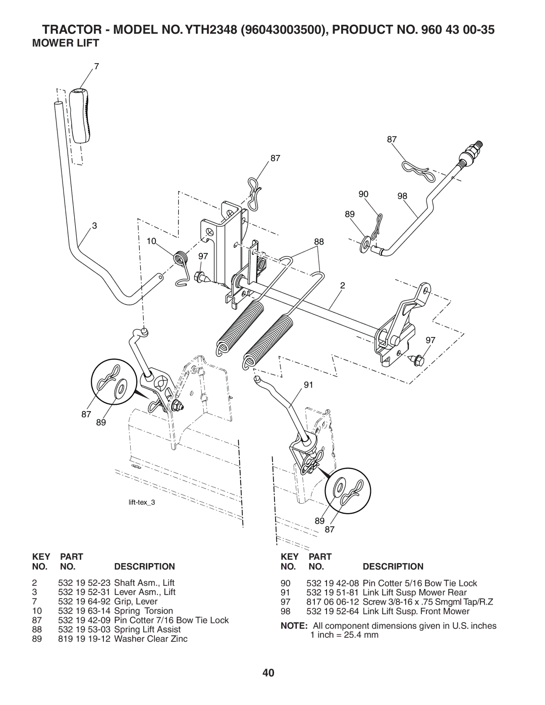 Husqvarna YTH2348 owner manual Mower Lift 