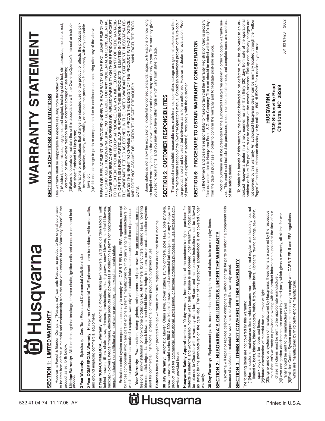 Husqvarna YTH2348 owner manual Warranty Statement 