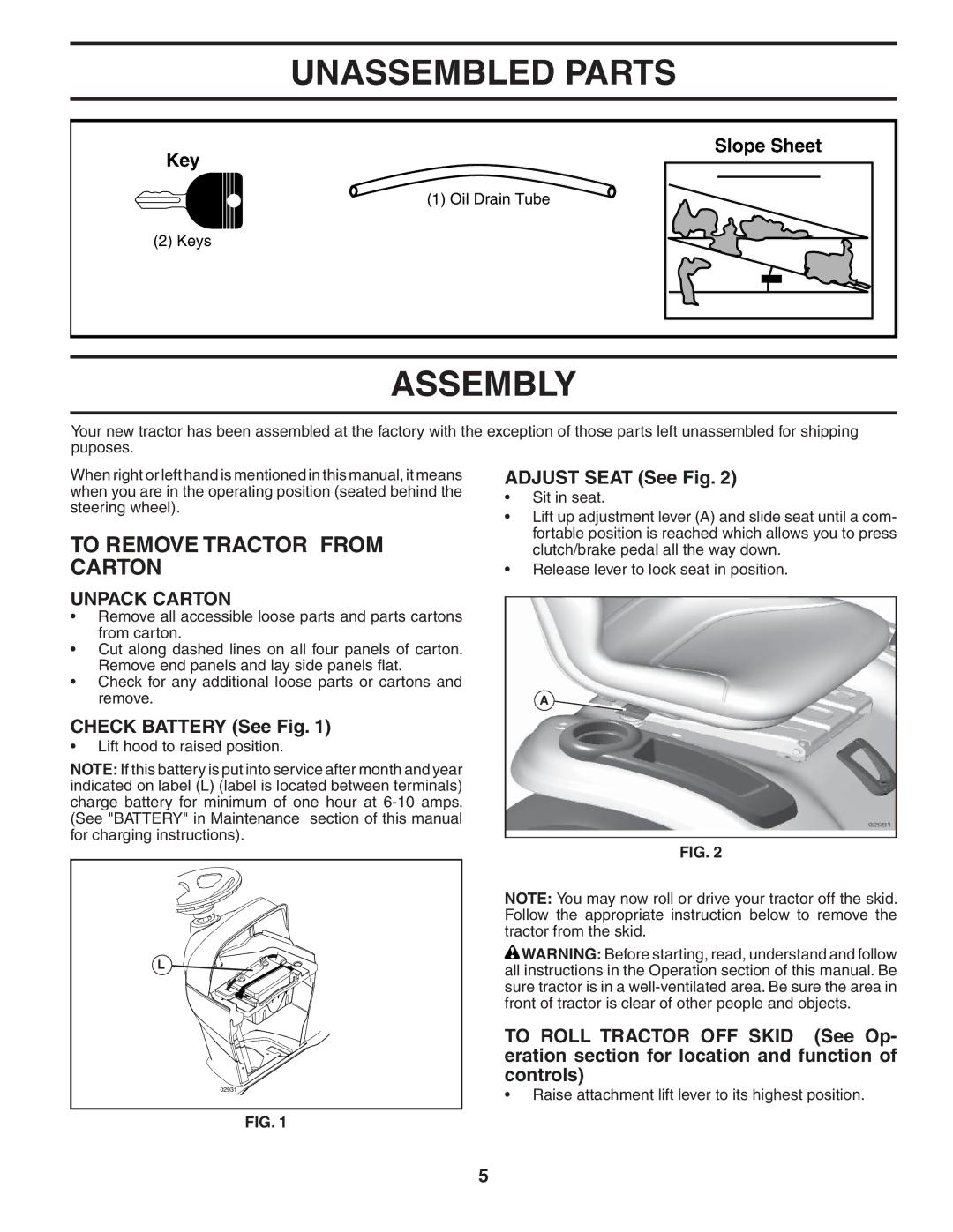 Husqvarna YTH2348 owner manual Unassembled Parts, Assembly, To Remove Tractor from Carton, Unpack Carton 