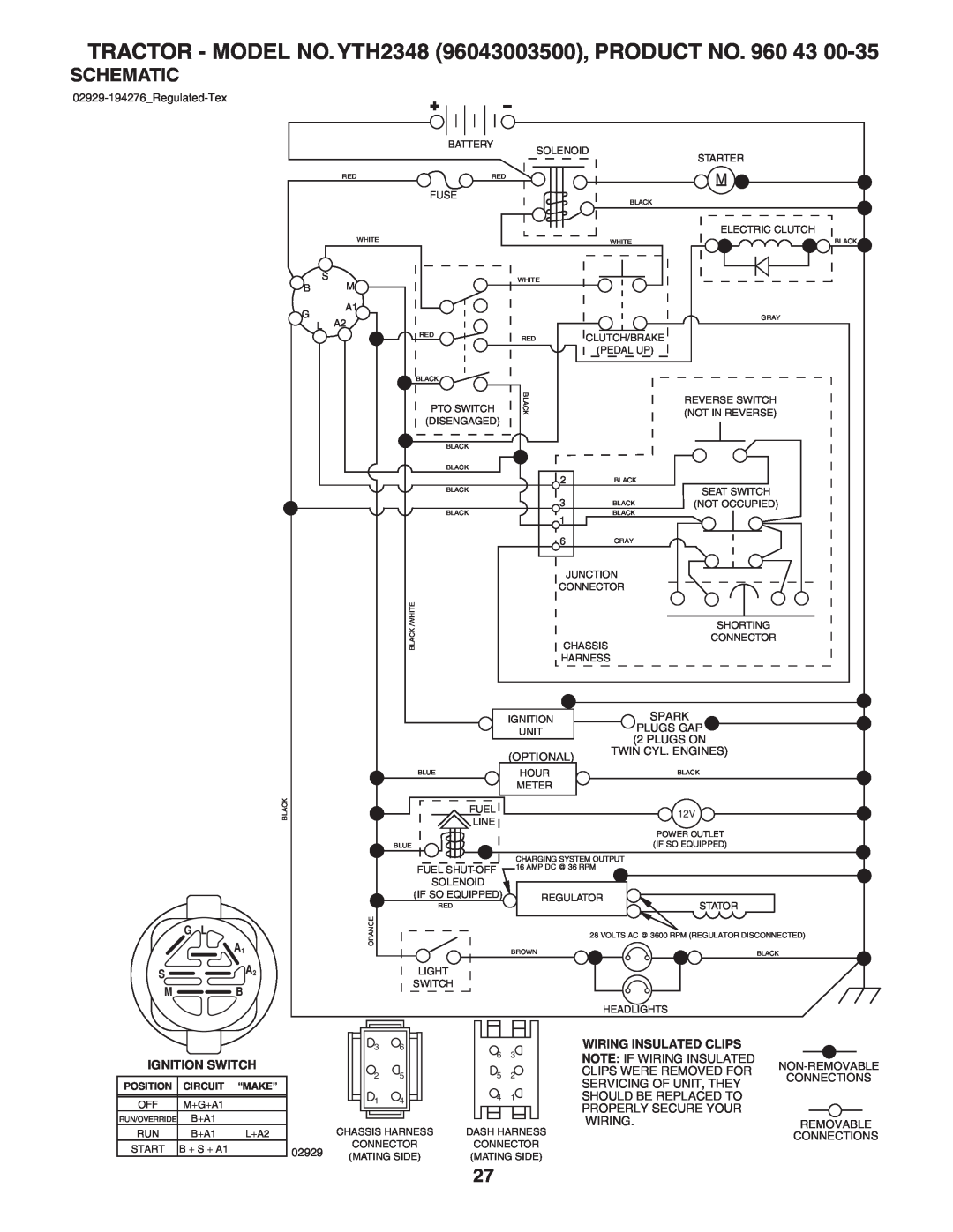 Husqvarna YTH2348 owner manual Schematic, 02929-194276_Regulated-Tex, Optional, Connections, Removable 