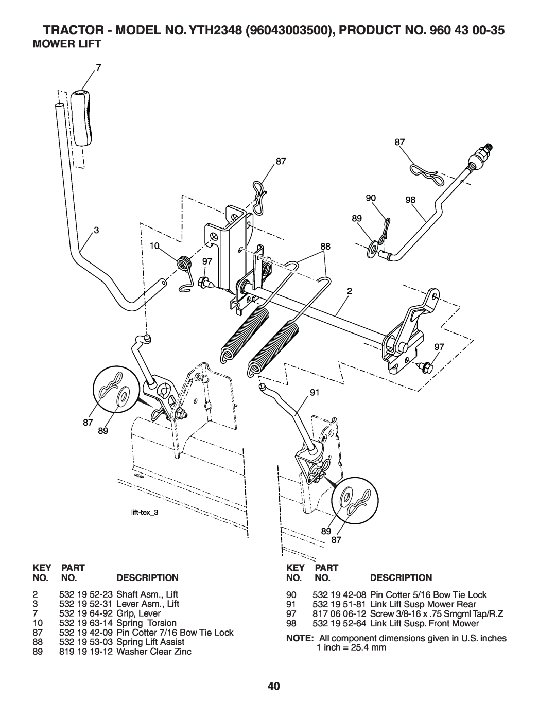 Husqvarna YTH2348 owner manual Mower Lift, Key Part No. No. Description 