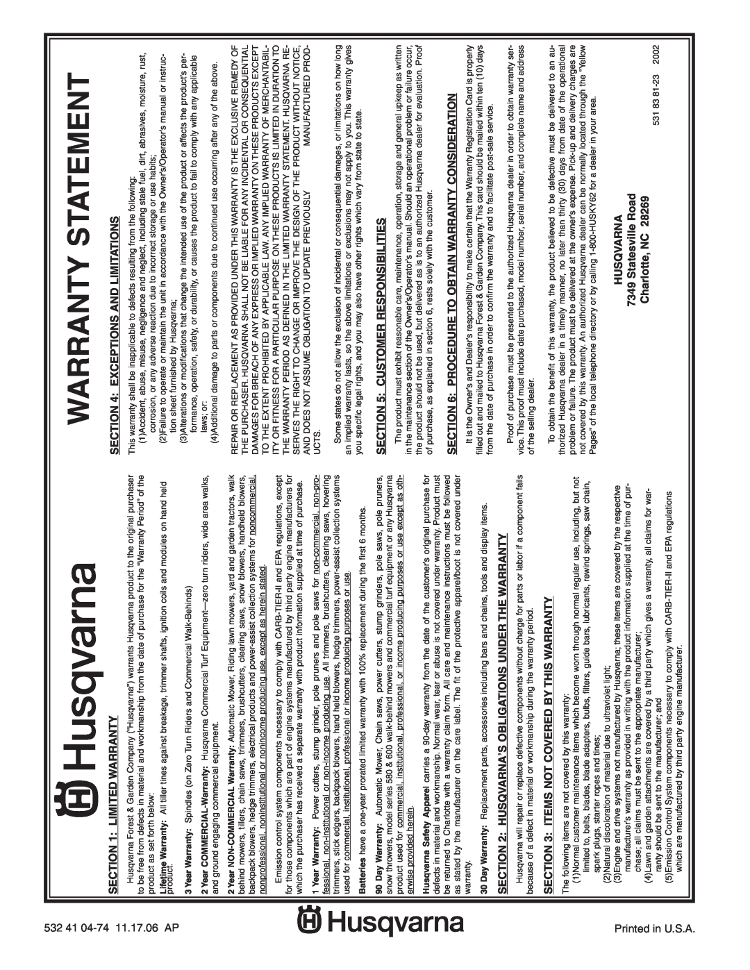Husqvarna YTH2348 Warranty Statement, Limited Warranty, Items Not Covered By This Warranty, Exceptions And Limitations 