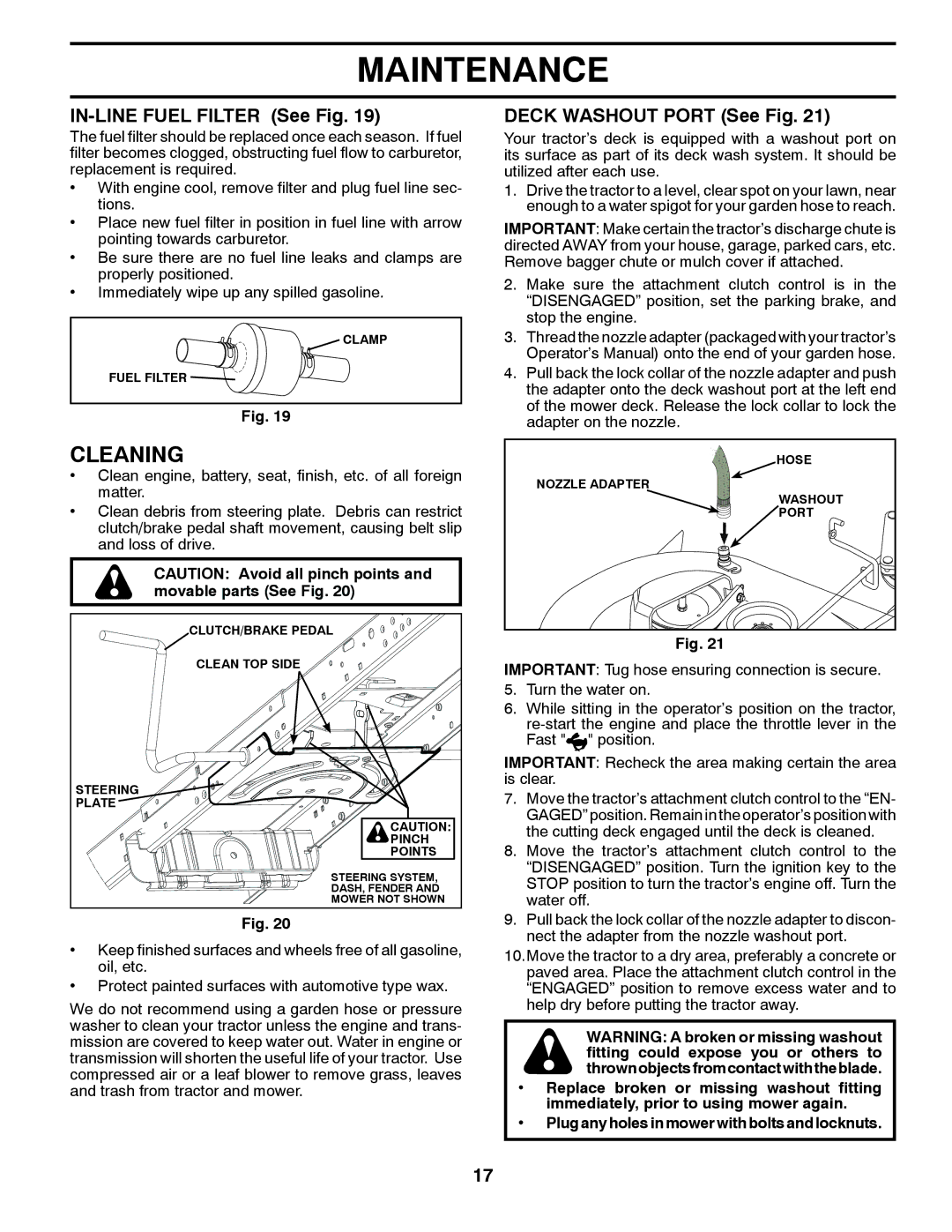 Husqvarna YTH23V42LS owner manual Cleaning, IN-LINE Fuel Filter See Fig, Deck Washout Port See Fig 