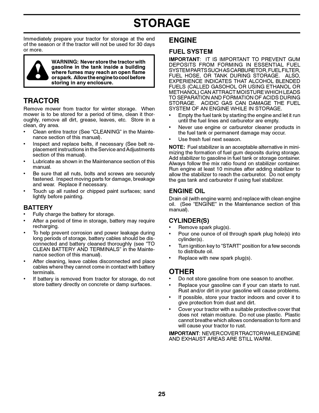 Husqvarna YTH23V42LS owner manual Storage, Other, Fuel System, Engine OIL, Cylinders 