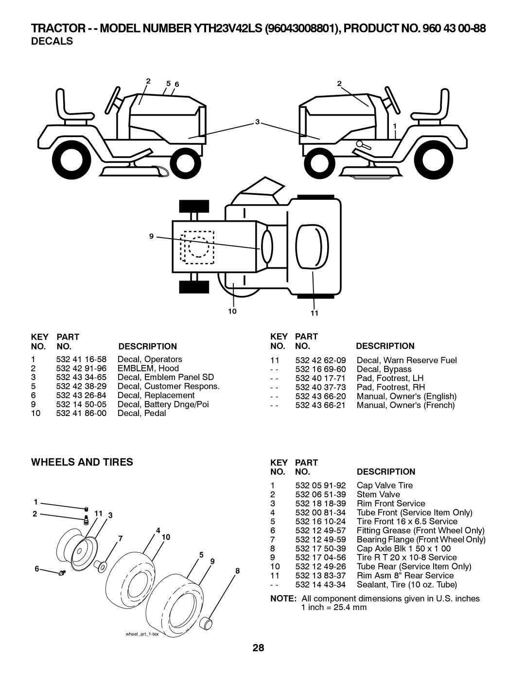 Husqvarna YTH23V42LS owner manual Decals, Wheels and Tires 