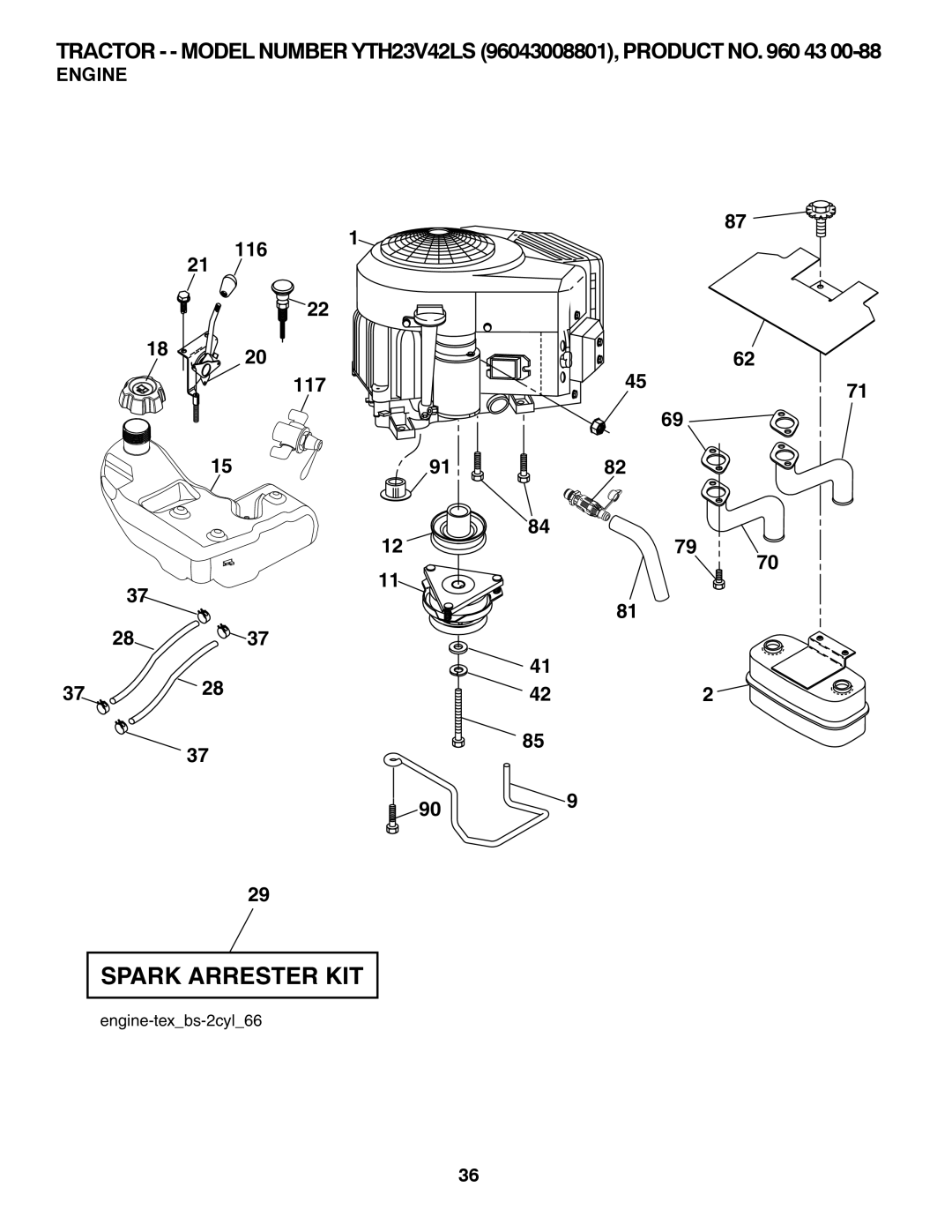 Husqvarna YTH23V42LS owner manual Spark Arrester KIT, Engine 