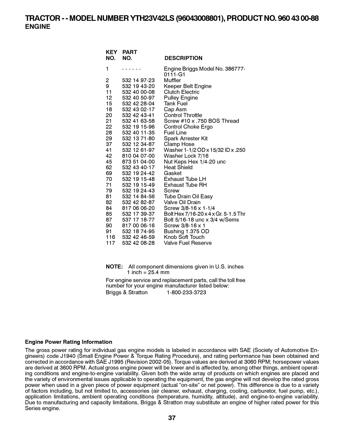 Husqvarna YTH23V42LS owner manual Engine Power Rating Information 