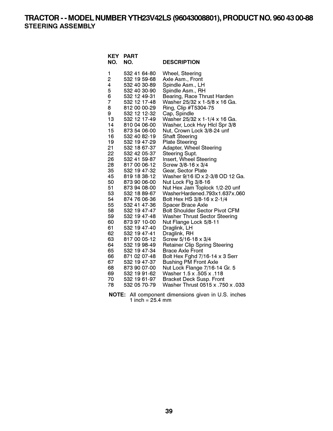 Husqvarna YTH23V42LS owner manual 532 41 Wheel, Steering 532 19 