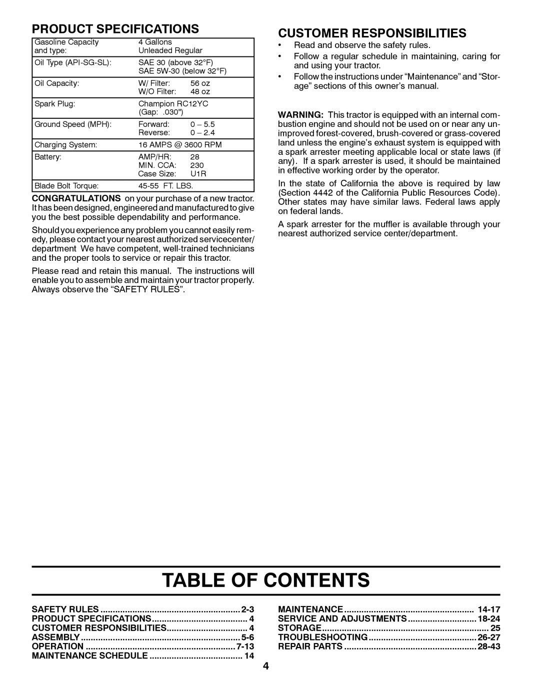 Husqvarna YTH23V42LS owner manual Table of Contents 