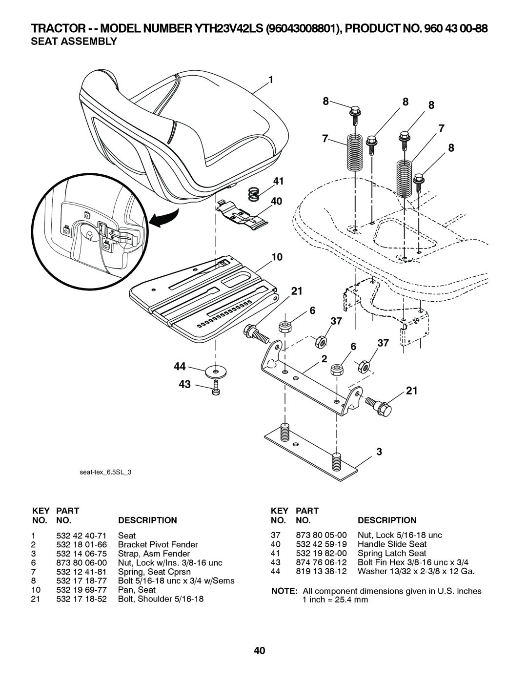 Husqvarna YTH23V42LS owner manual Seat Assembly, 532 42 Seat 