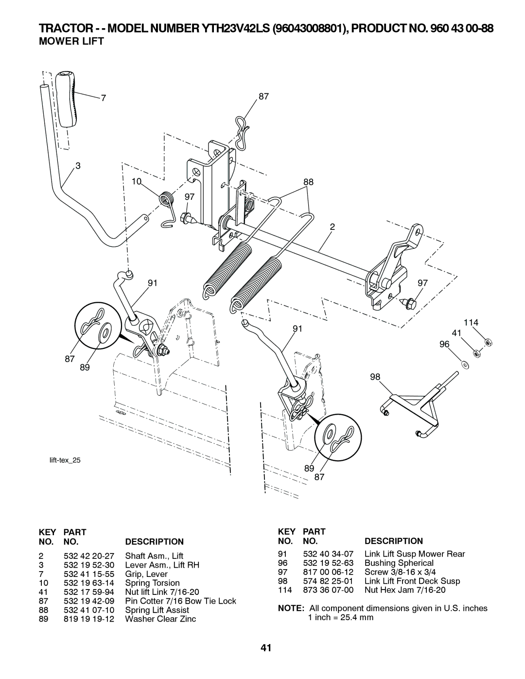 Husqvarna YTH23V42LS owner manual Mower Lift, 532 40 34-07 Link Lift Susp Mower Rear 