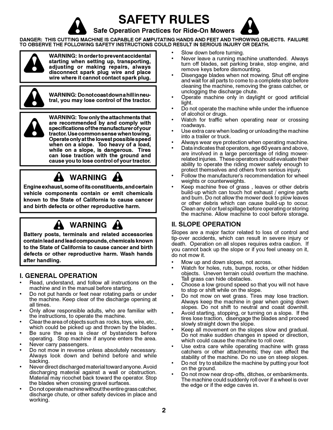 Husqvarna YTH23V48 owner manual Safe Operation Practices for Ride-On Mowers, General Operation, II. Slope Operation 