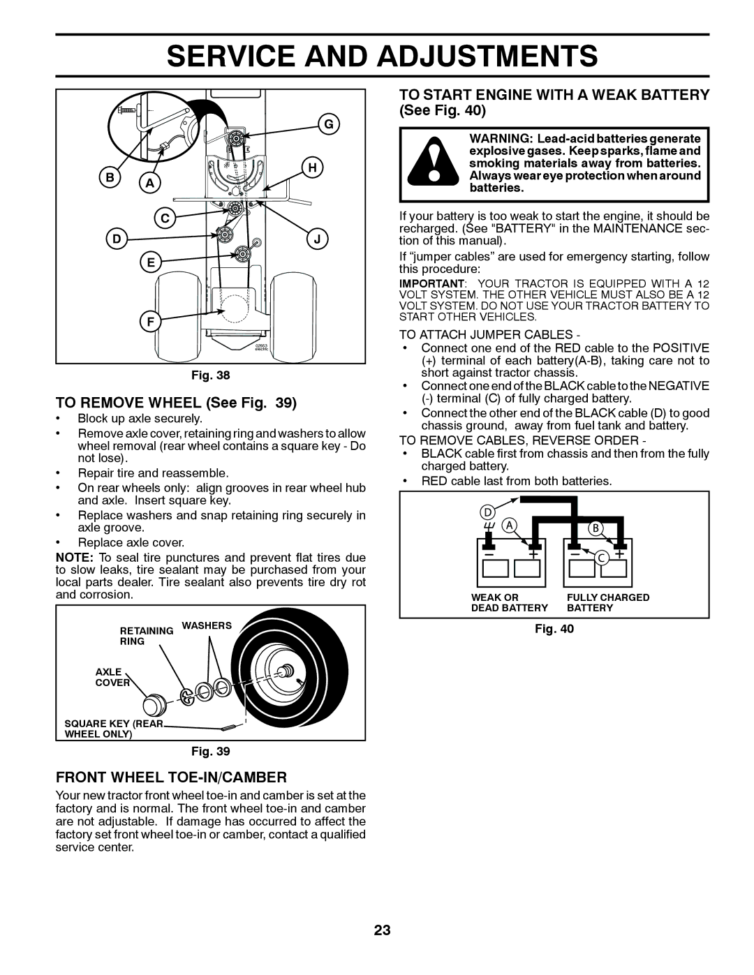 Husqvarna YTH23V48 To Start Engine with a Weak Battery See Fig, To Remove Wheel See Fig, Front Wheel TOE-IN/CAMBER 