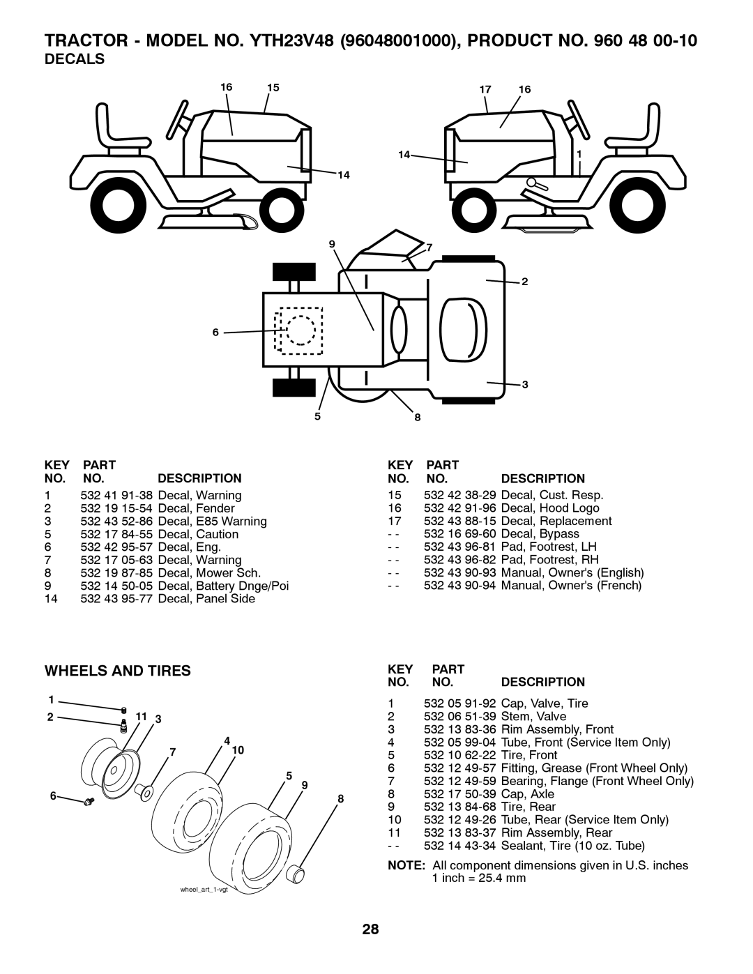 Husqvarna YTH23V48 owner manual Decals, Wheels and Tires, KEY Part NO. NO. Description 