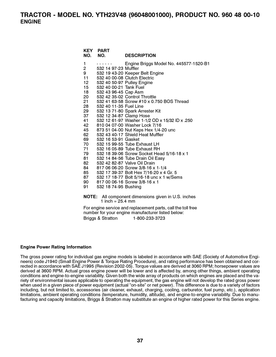 Husqvarna YTH23V48 owner manual Engine Power Rating Information 