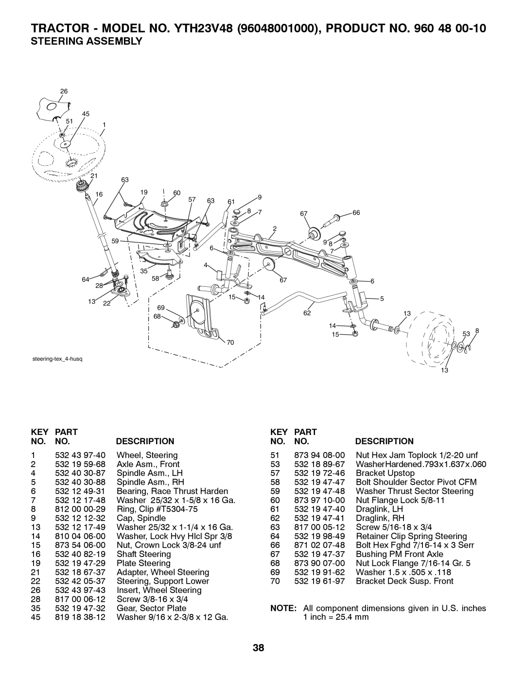 Husqvarna YTH23V48 owner manual Steering Assembly, KEY Part Description 