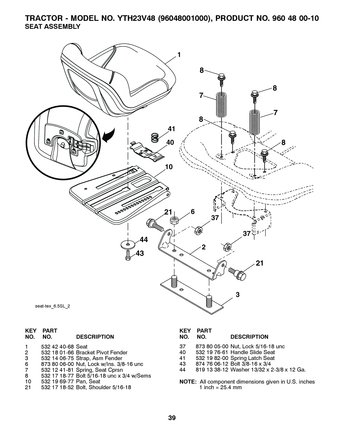 Husqvarna YTH23V48 owner manual Seat Assembly 