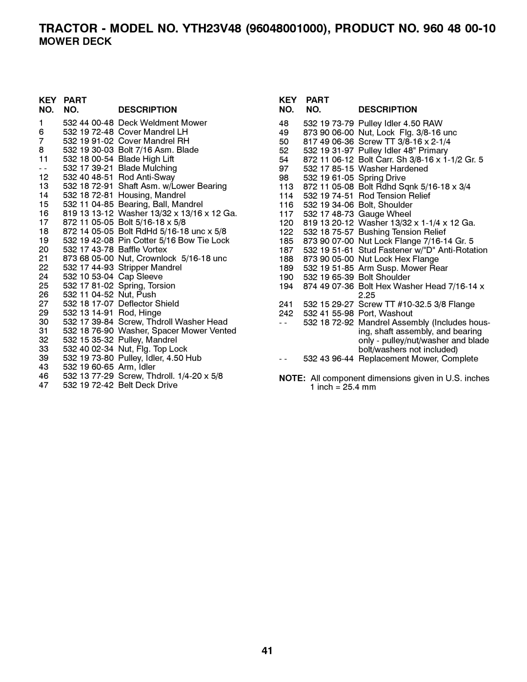 Husqvarna YTH23V48 owner manual KEY Part NO. NO. Description 