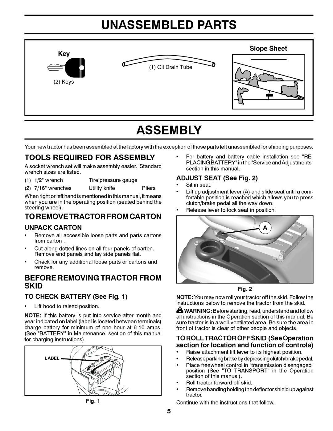 Husqvarna YTH23V48 owner manual Tools Required for Assembly, Toremovetractorfromcarton, Before Removing Tractor from Skid 