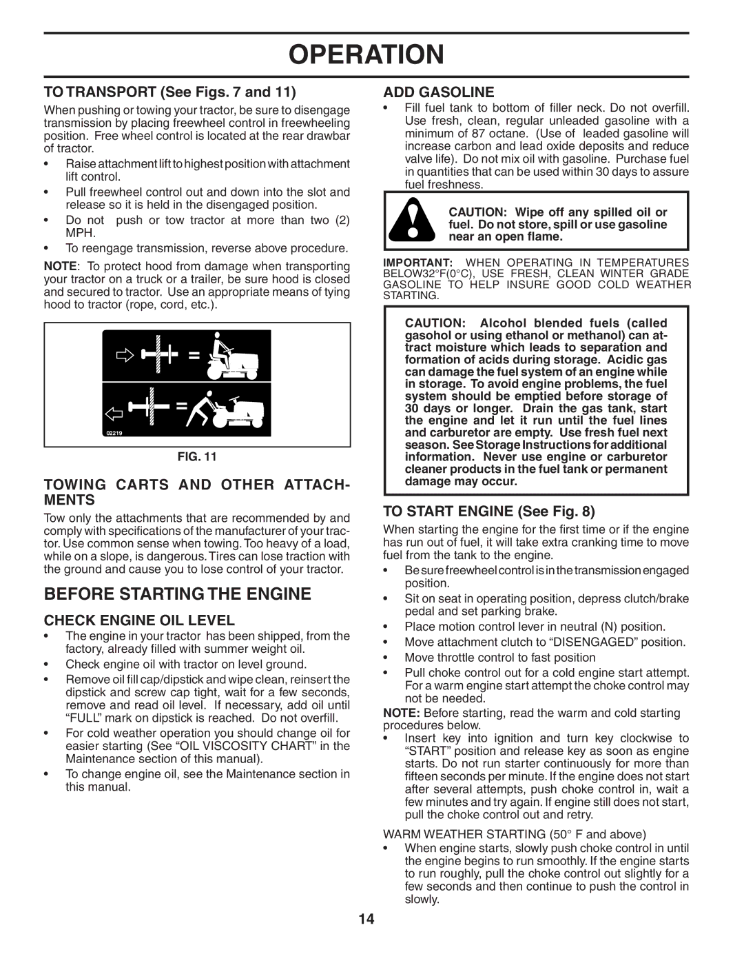 Husqvarna YTH2448 Before Starting the Engine, Towing Carts and Other ATTACH- Ments, Check Engine OIL Level, ADD Gasoline 