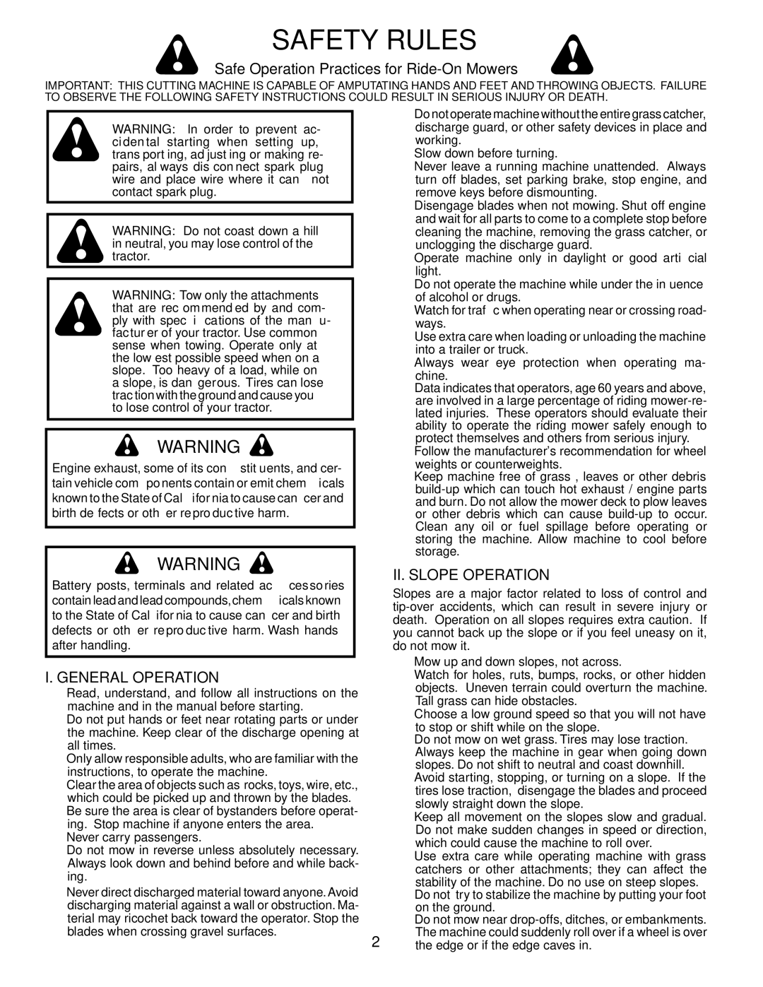 Husqvarna YTH2448 manual Safety Rules, Safe Operation Practices for Ride-On Mowers, General Operation, II. Slope Operation 