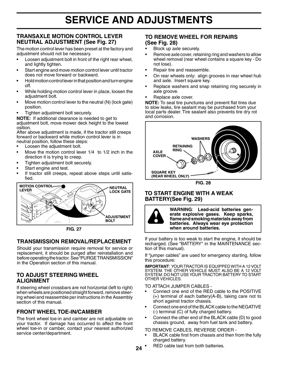 Husqvarna YTH2448 manual Transmission REMOVAL/REPLACEMENT, To Adjust Steering Wheel Alignment, Front Wheel TOE-IN/CAMBER 