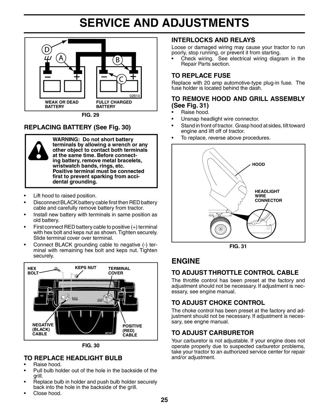 Husqvarna YTH2448 To Replace Headlight Bulb, Interlocks and Relays, To Replace Fuse, To Adjust Throttle Control Cable 