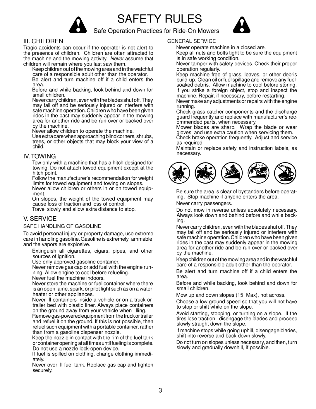 Husqvarna YTH2448 manual III. Children, IV. Towing, General Service, Safe Handling of Gasoline 