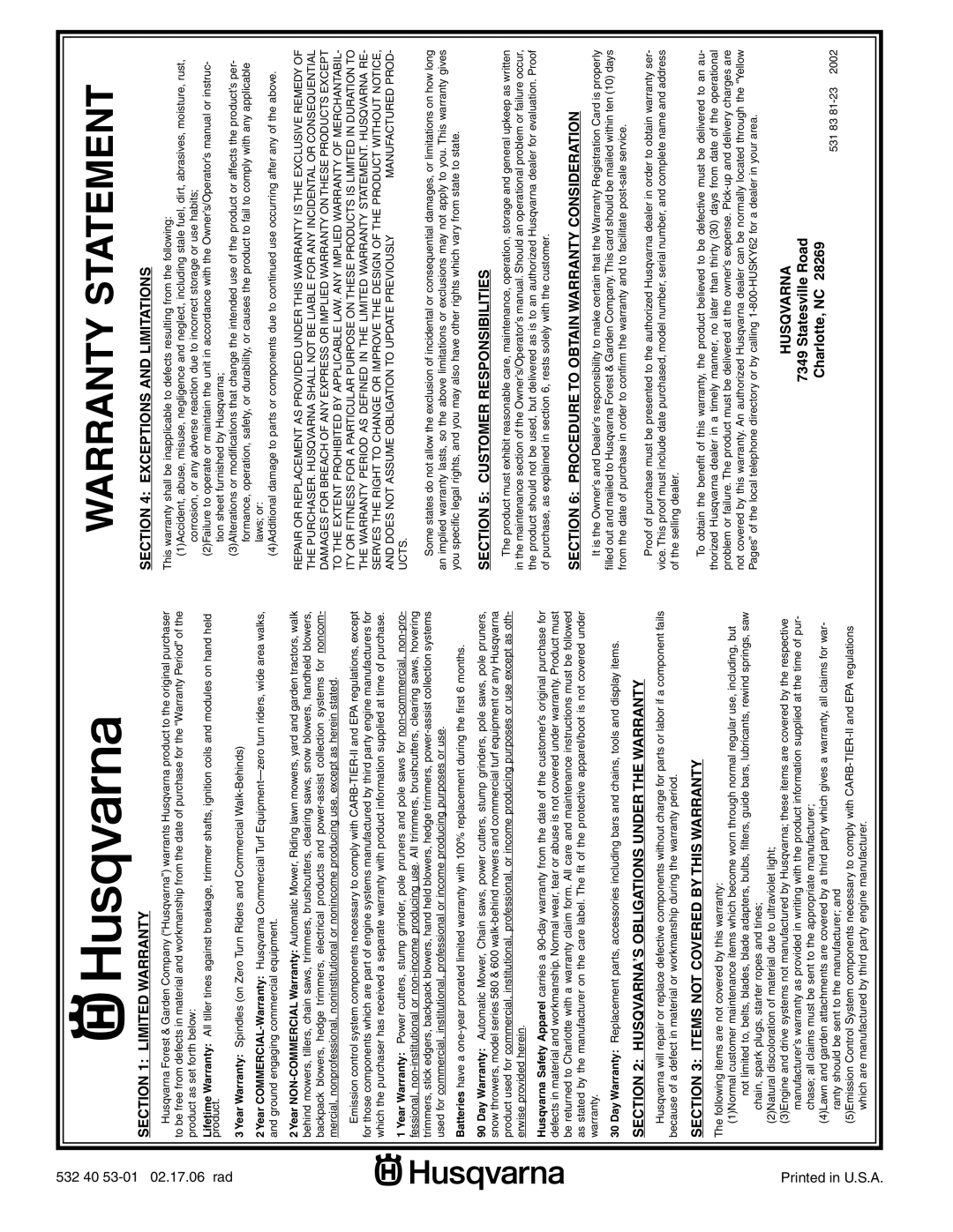 Husqvarna YTH2448 manual Warranty Statement 