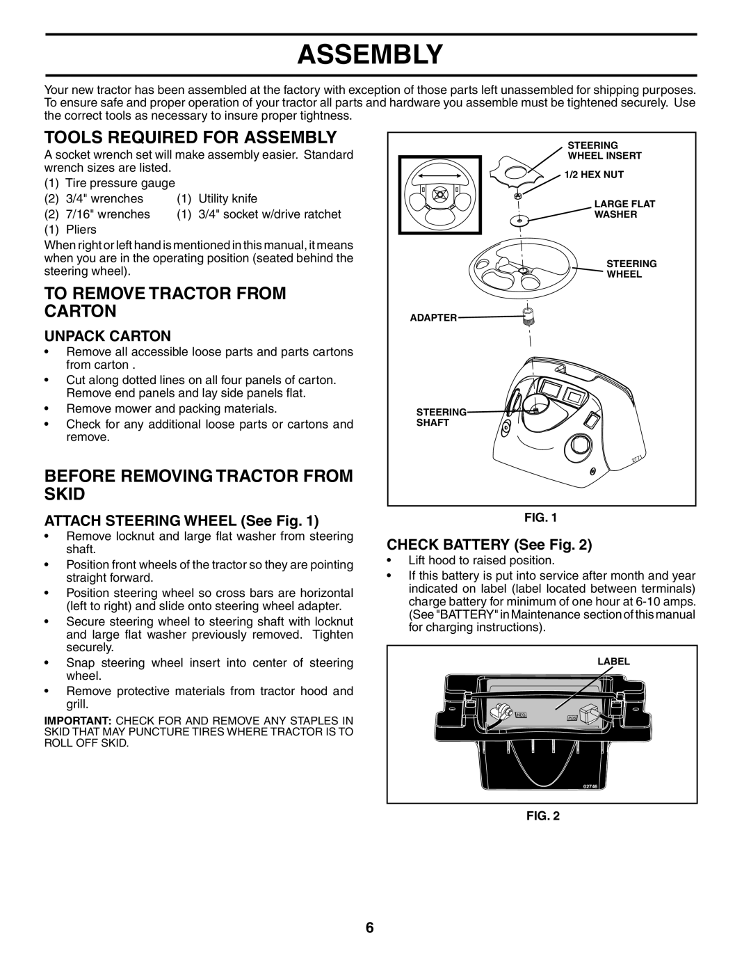 Husqvarna YTH2448 manual Tools Required for Assembly, To Remove Tractor from Carton, Before Removing Tractor from Skid 