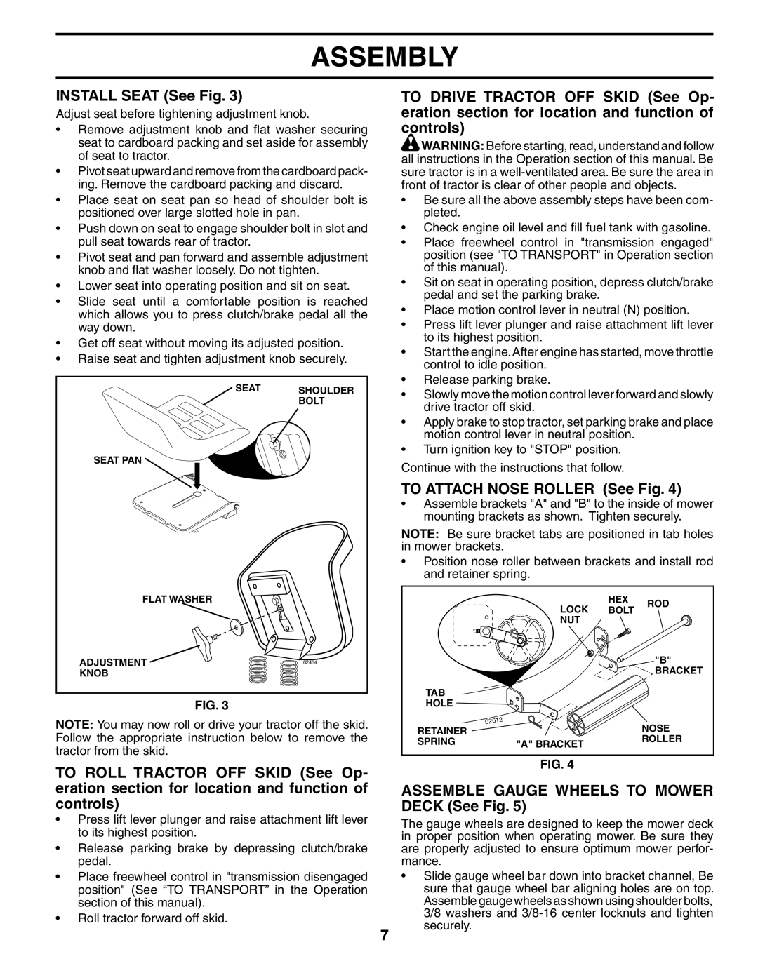 Husqvarna YTH2448 manual Install Seat See Fig, To Attach Nose Roller See Fig, Assemble Gauge Wheels to Mower Deck See Fig 